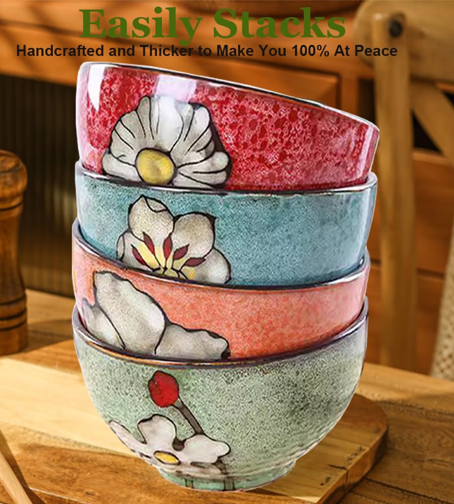 Ceramic Cereal Bowl Set of 4, 28oz Floral Pattern, Microwave Safe L588