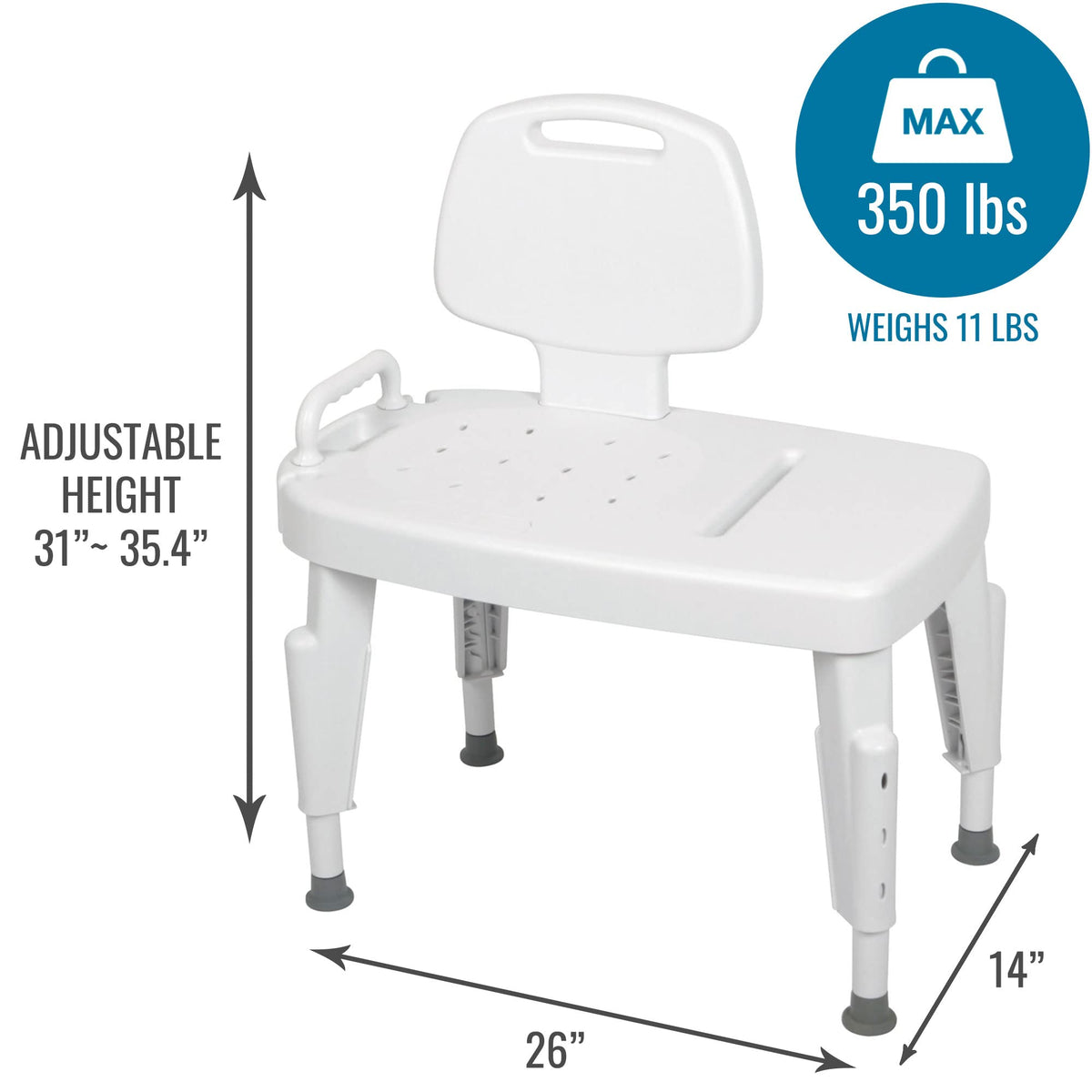 Universal Transfer Bench for Bathtubs & Showers, 350lb Weight Capacity, Adjustable Legs H9652