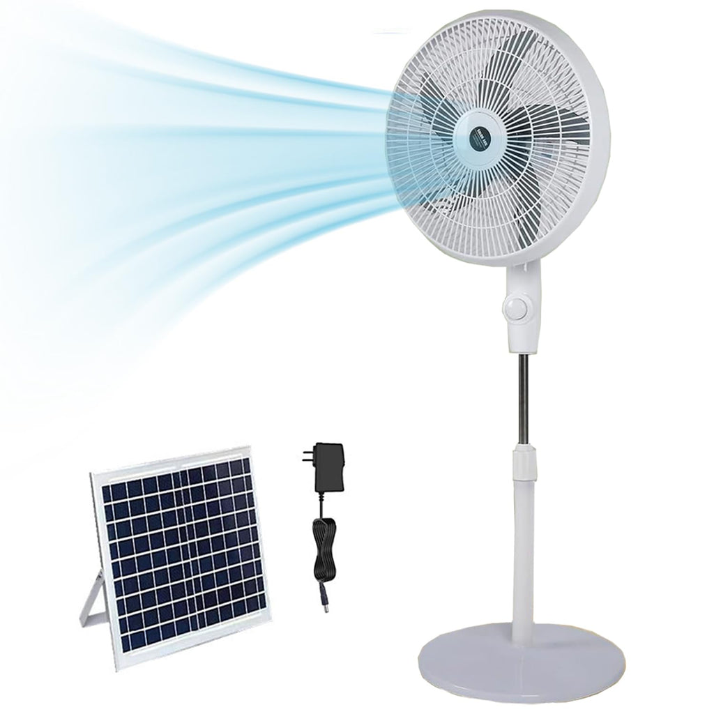 16" Oscillating Solar Floor Fan, Height Adjustable, 10000mah Battery, 3 Speeds, White Z72976