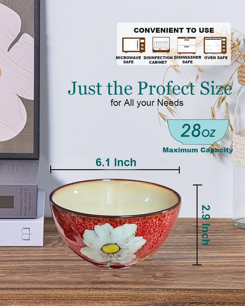 Ceramic Cereal Bowl Set of 4, 28oz Floral Pattern, Microwave Safe L588