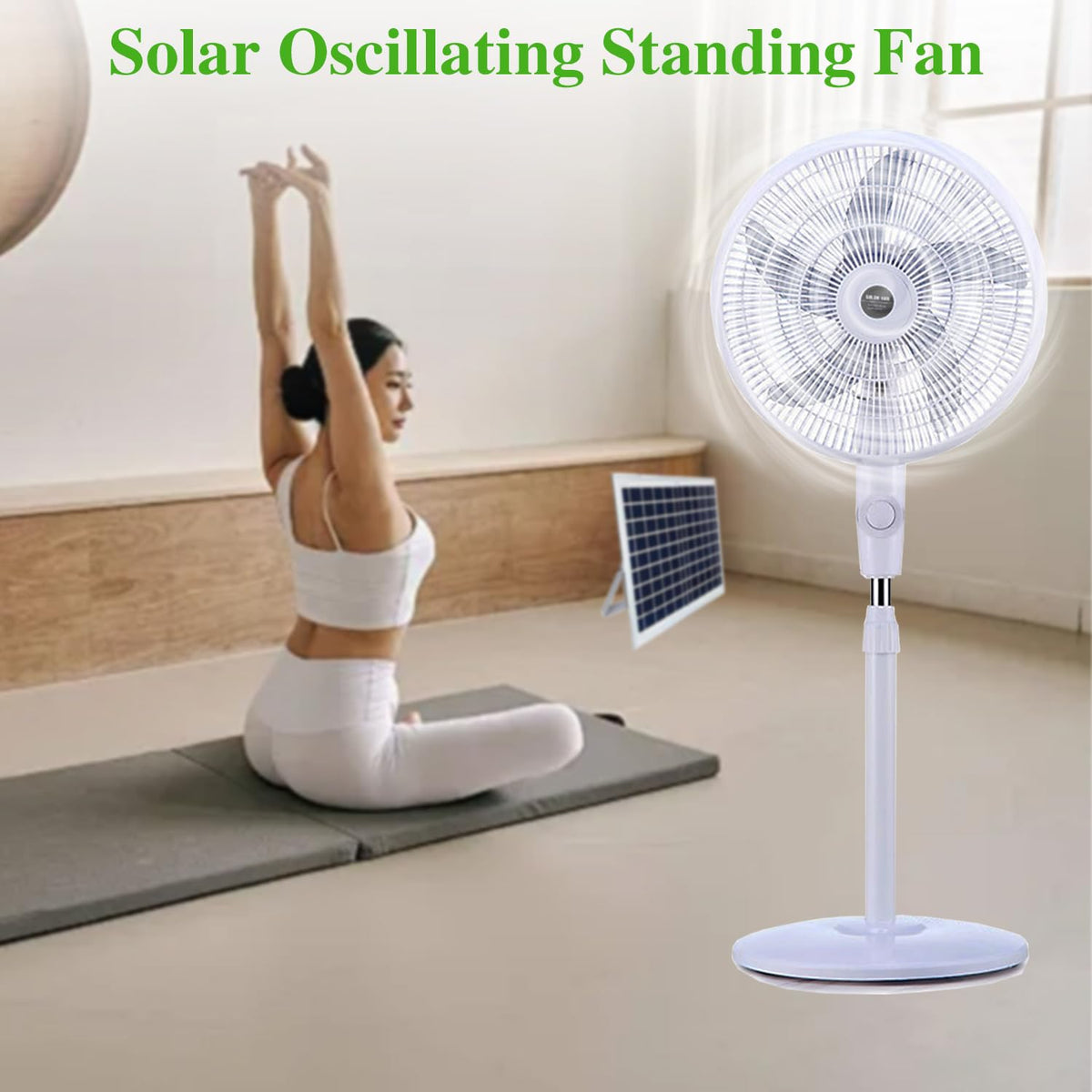 16" Oscillating Solar Floor Fan, Height Adjustable, 10000mah Battery, 3 Speeds, White Z72976