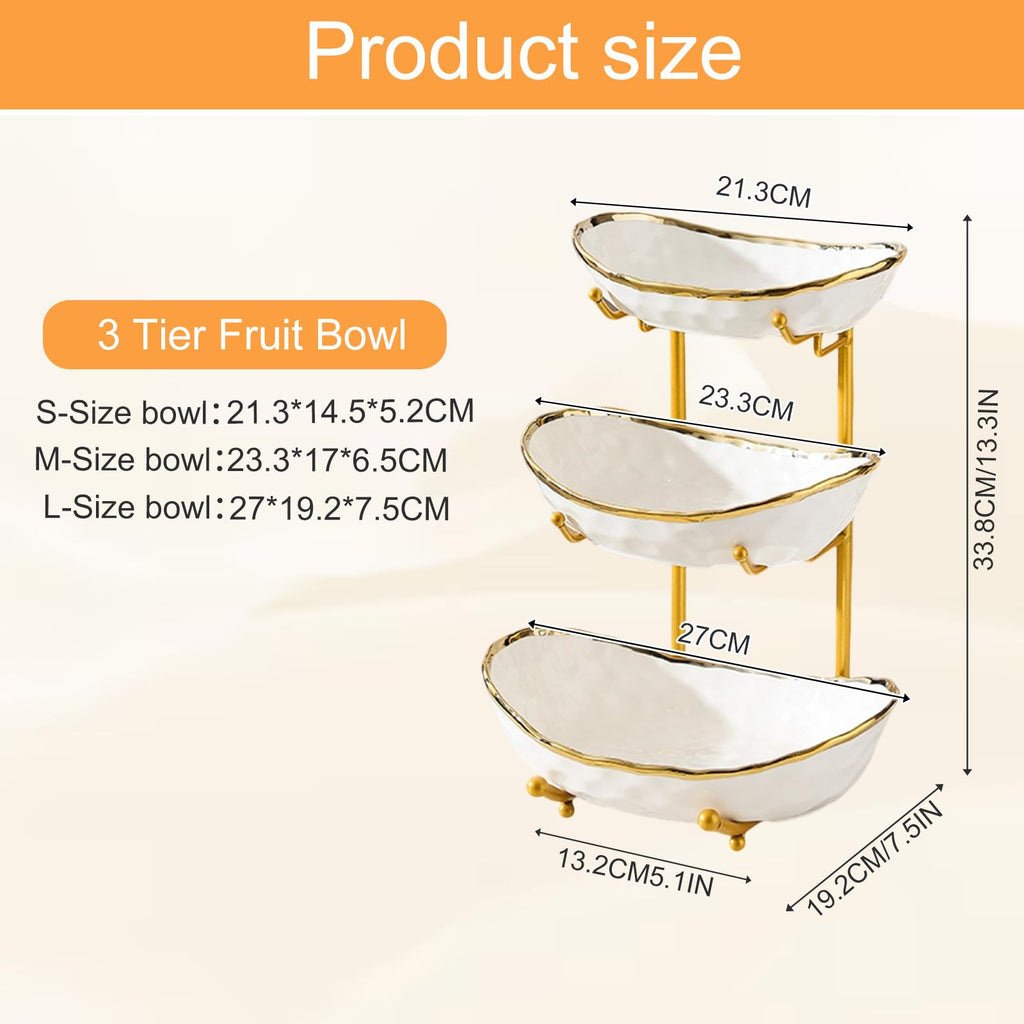 3 Tier Ceramic Fruit Bowl with Gold Metal Stand D9364