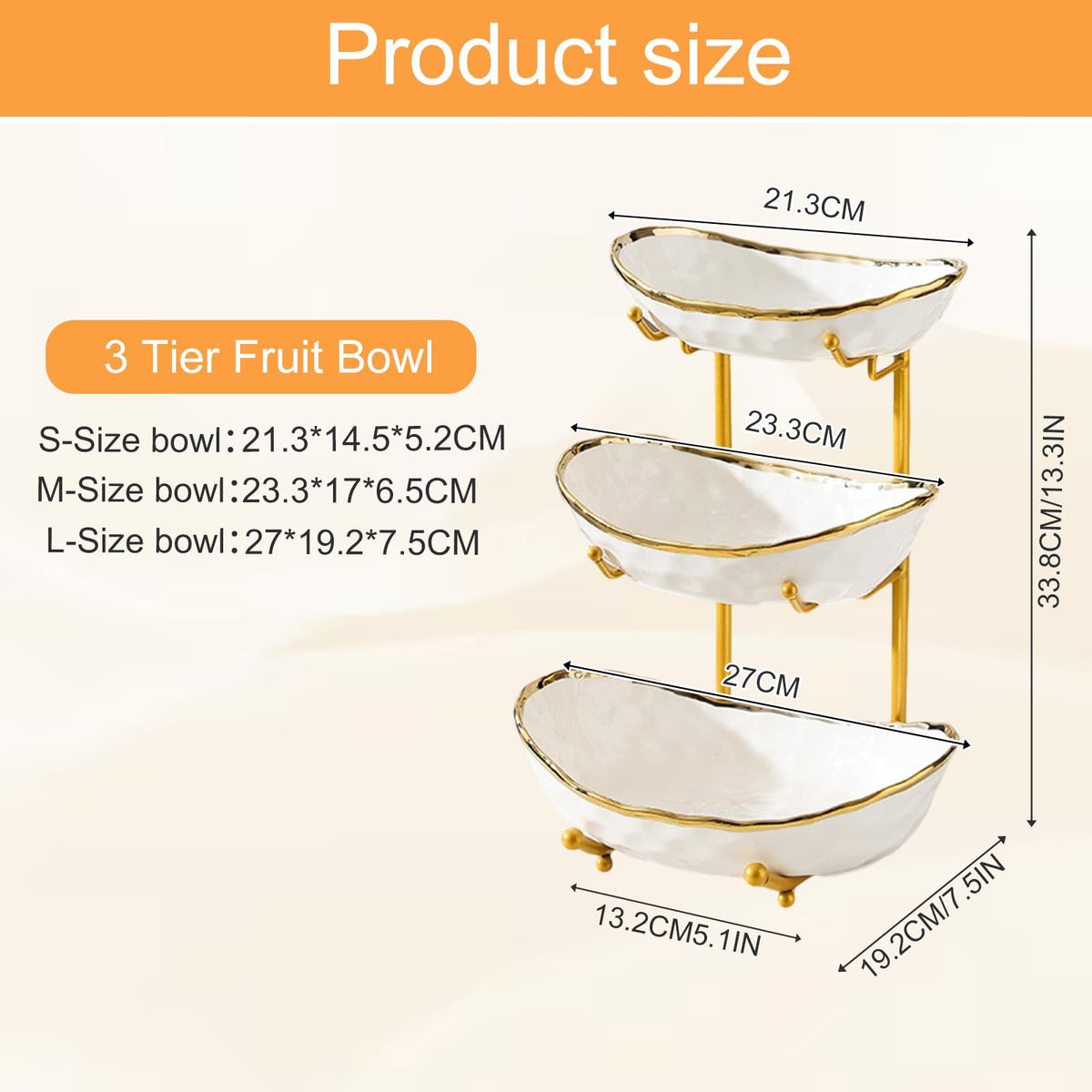 3 Tier Ceramic Fruit Bowl with Gold Metal Stand D9364