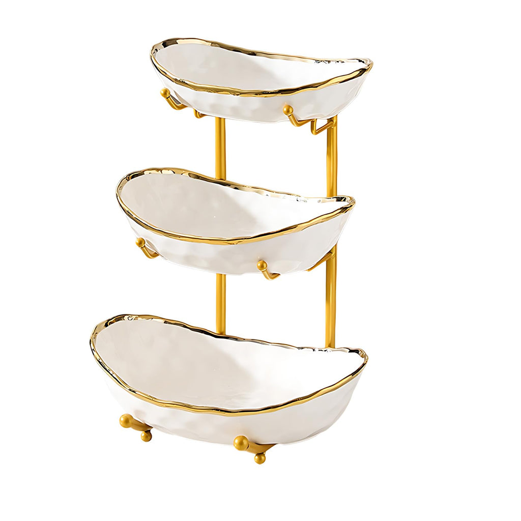 3 Tier Ceramic Fruit Bowl with Gold Metal Stand D9364