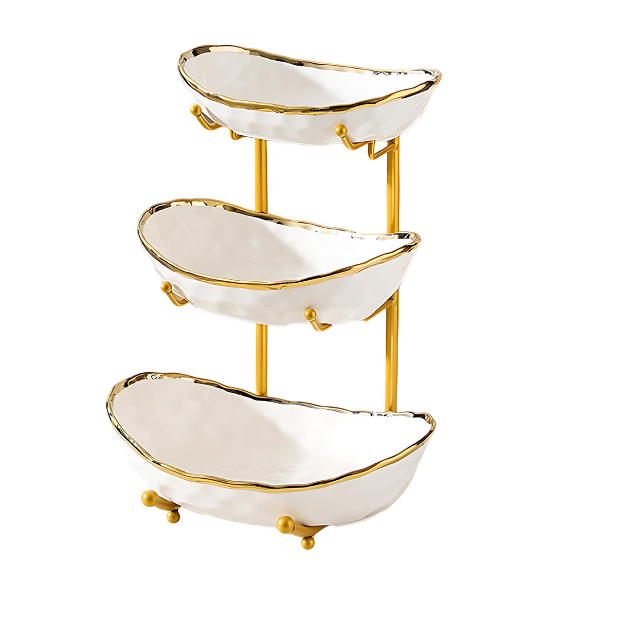 3 Tier Ceramic Fruit Bowl with Gold Metal Stand D9364