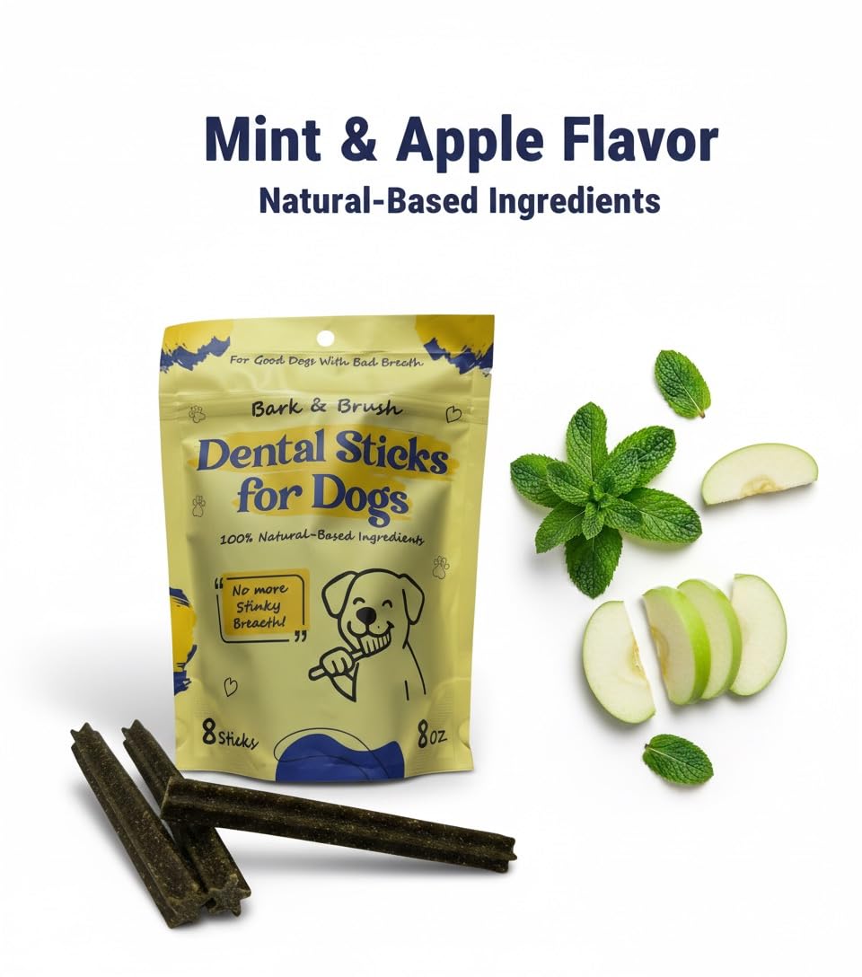 Natural Dental Chews for Dogs, Mint & Apple Flavor, 8 Count W917414