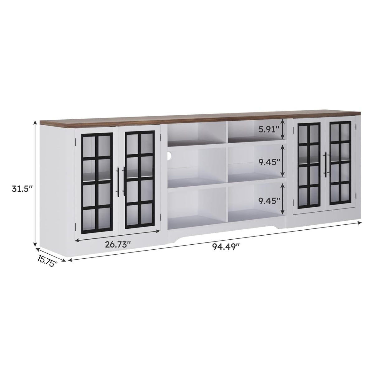 White Black TV Stand with 2 Cabinets and 3-Tier Shelves V90472
