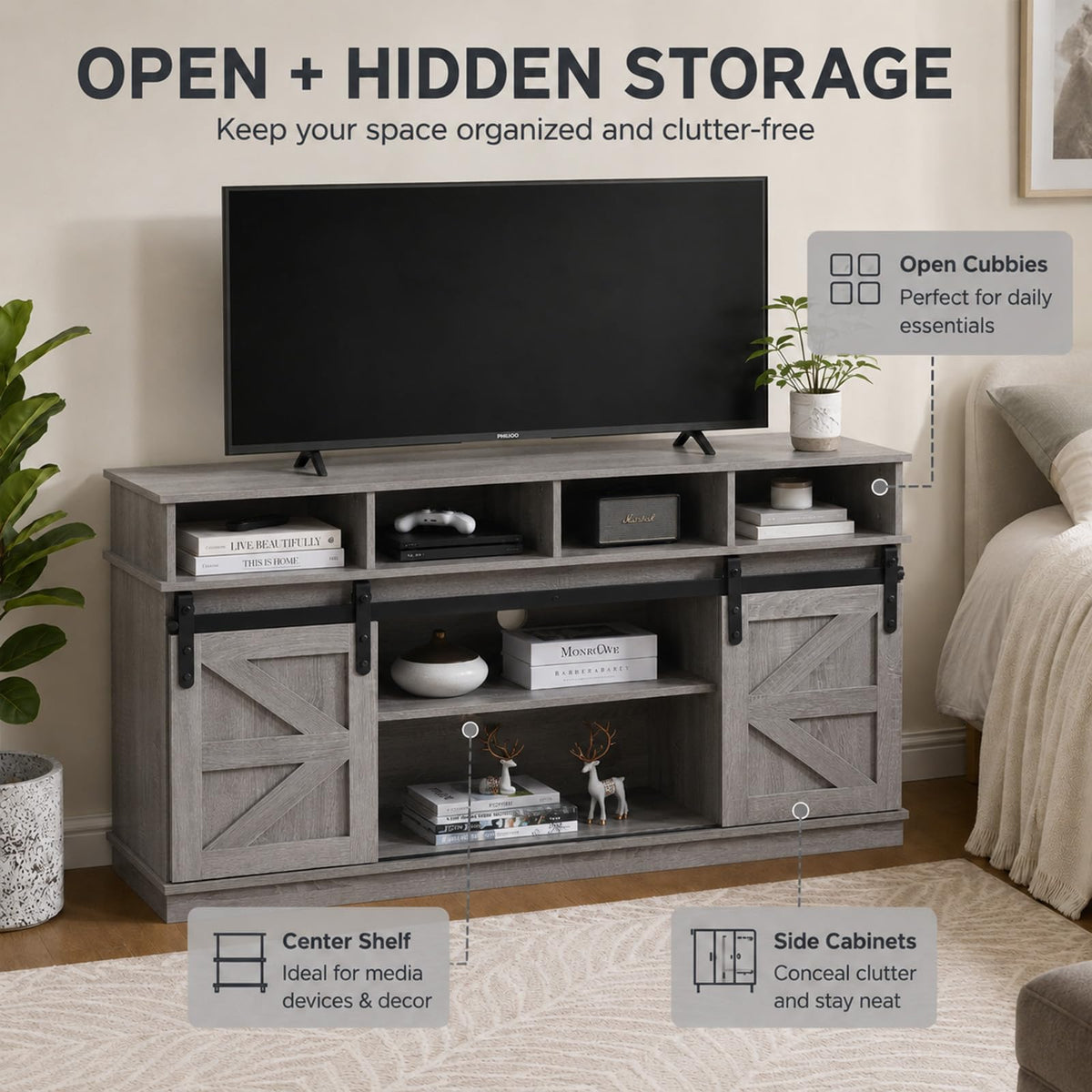 Grey TV Stand with Storage for 65 Inch TV K9772