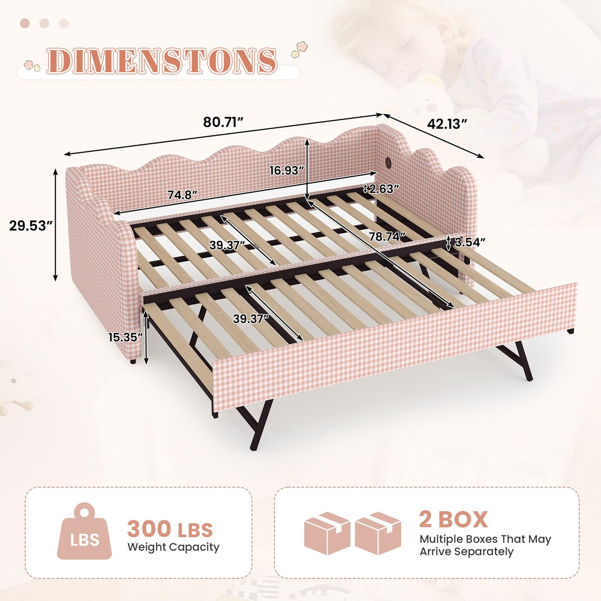 Pink Gingham Twin Size Daybed with Trundle Q940087