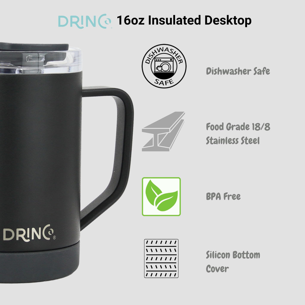 16 oz Black Vacuum Insulated Stainless Steel Travel Mug with Lid B843