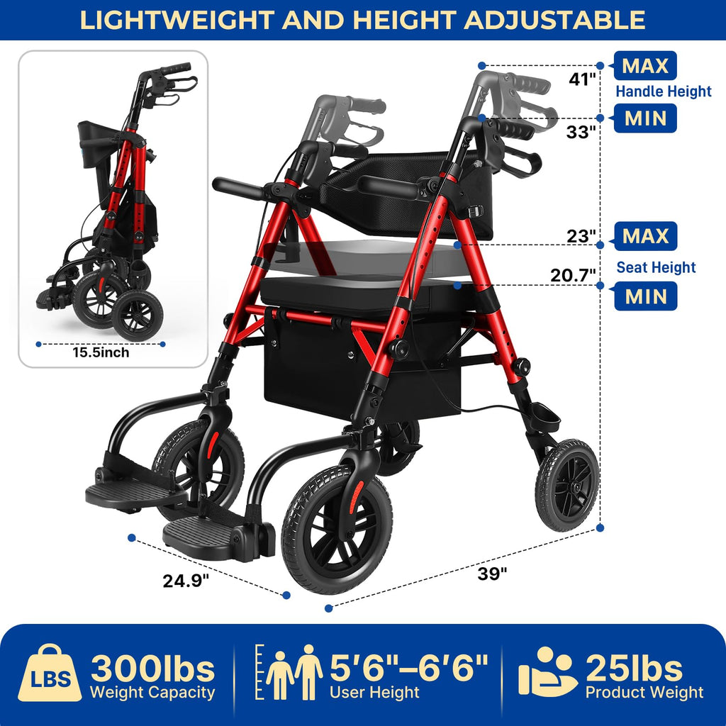 Foldable Rollator Walker with Seat, 2 in 1 Wheelchair Combo, Red U395