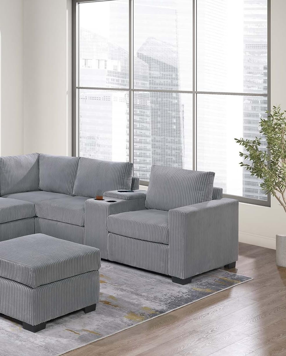 Light Gray Corduroy Upholstered Sectional Sofa Set F6440