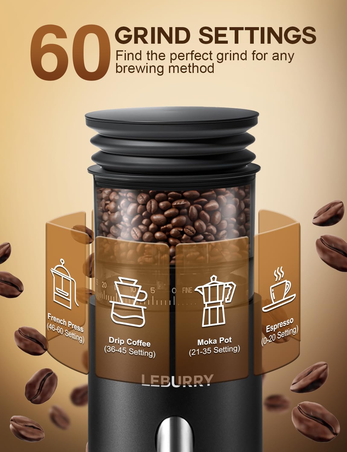 Portable Electric Burr Coffee Grinder with 60 Grind Settings M64924