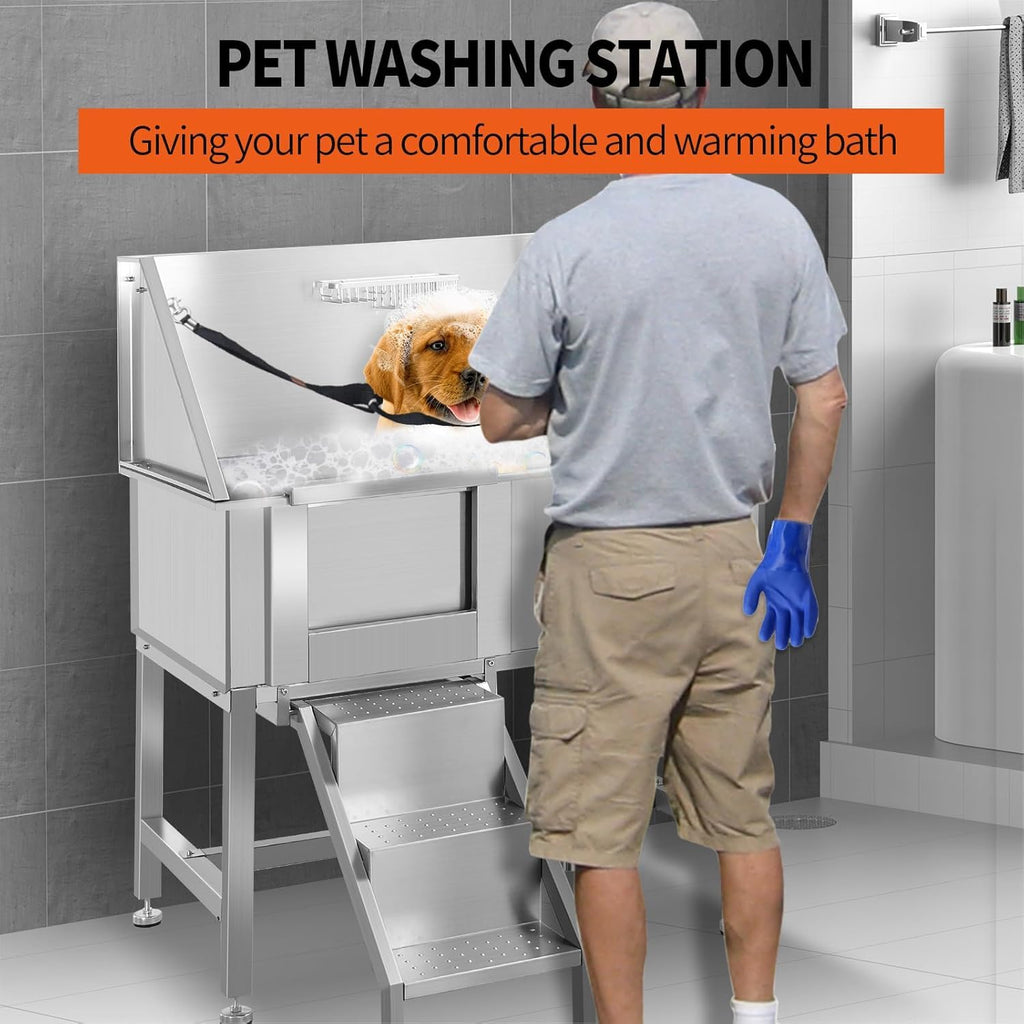 38" Stainless Steel Dog Grooming Tub with Stairs U957943