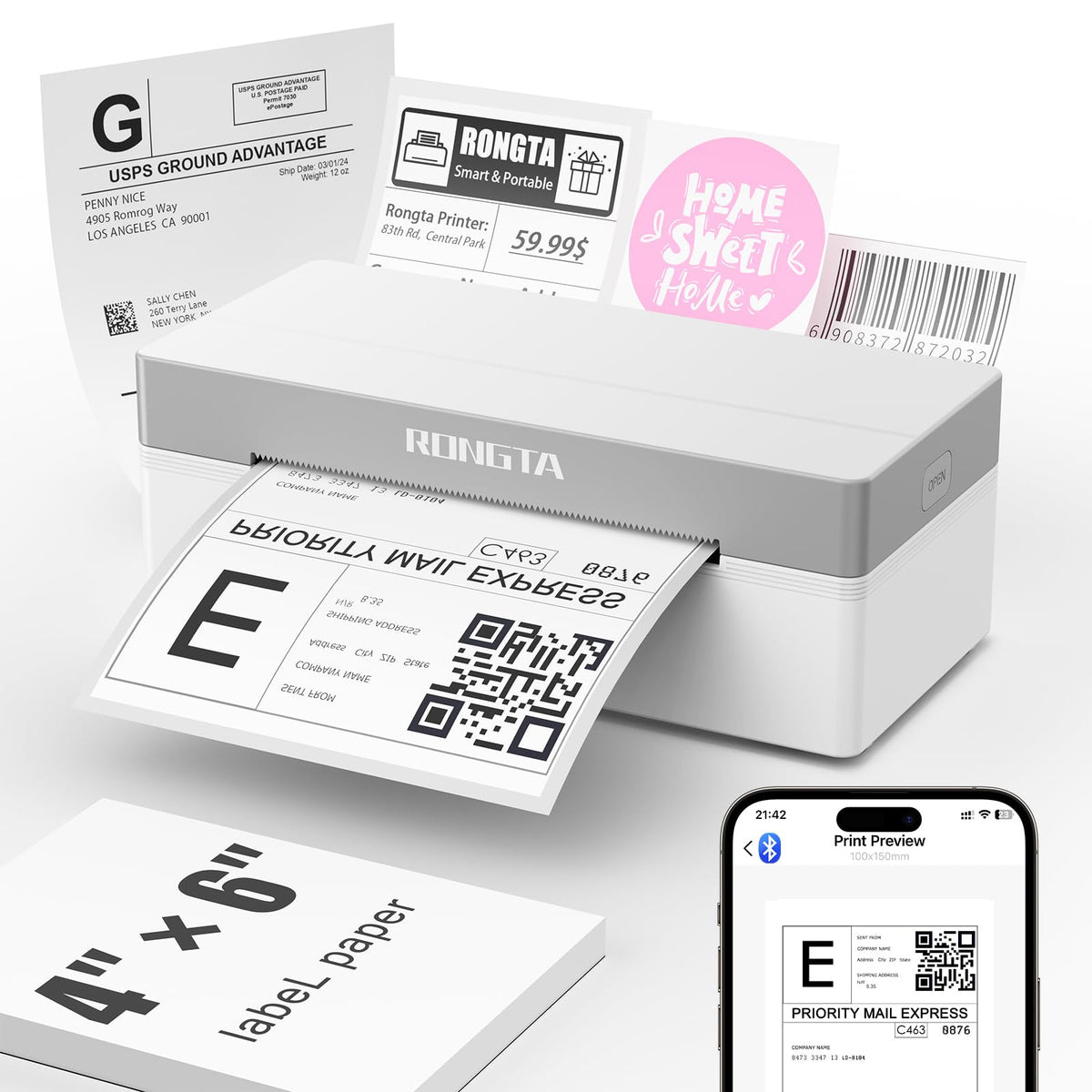 White Bluetooth 4x6 Thermal Label Printer S646655