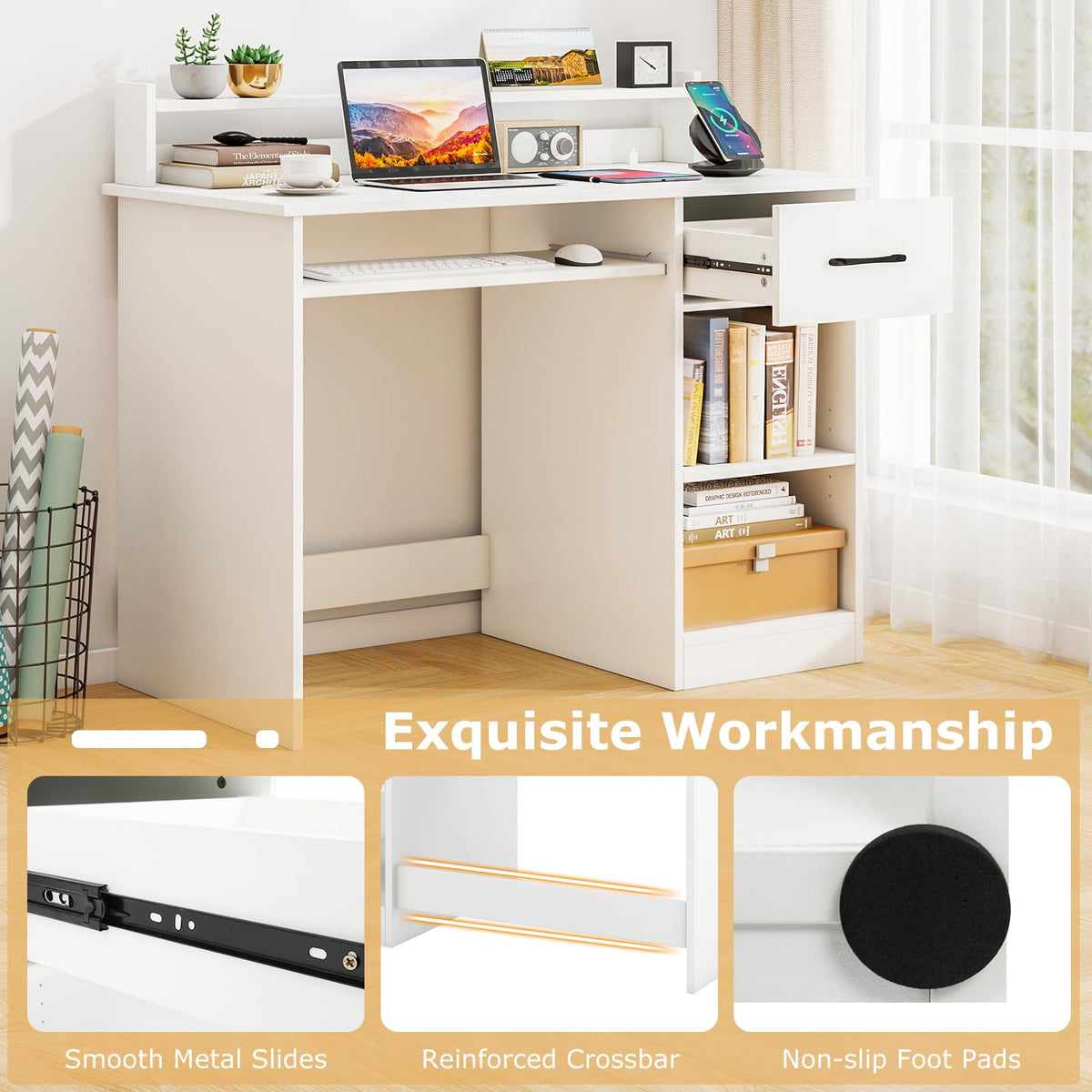 White Desk with Drawer and Keyboard Tray L9244