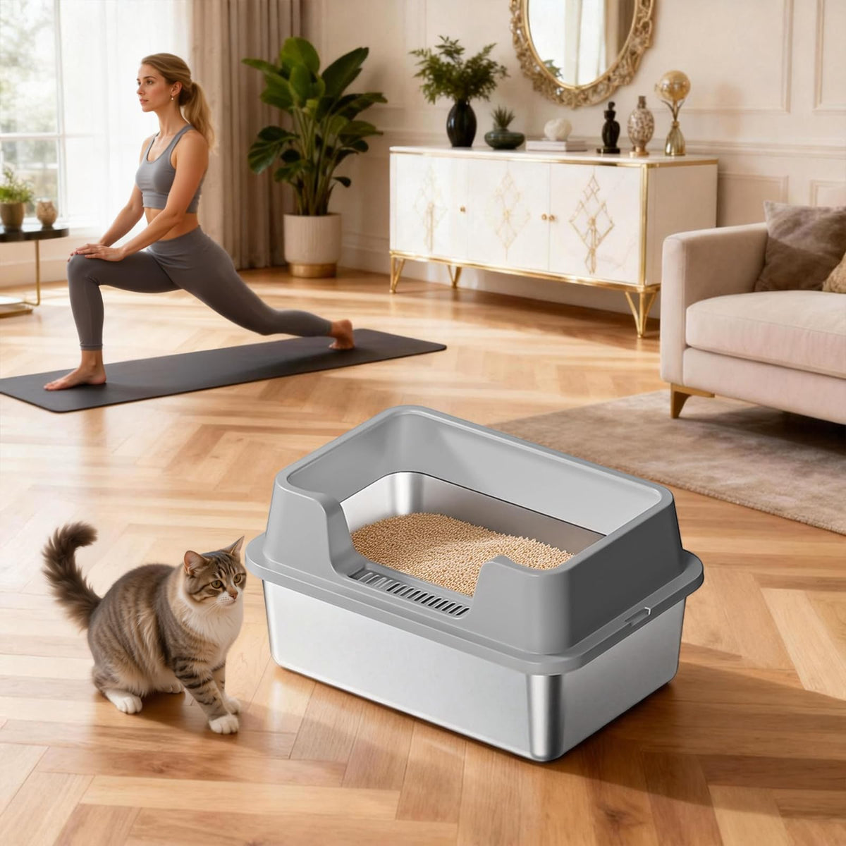 XL Stainless Steel Enclosed Cat Litter Box with Scoop E76846