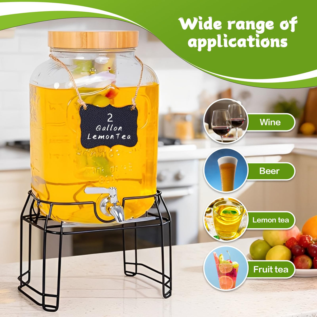 2 Gallon Glass Drink Dispenser with Stand I592