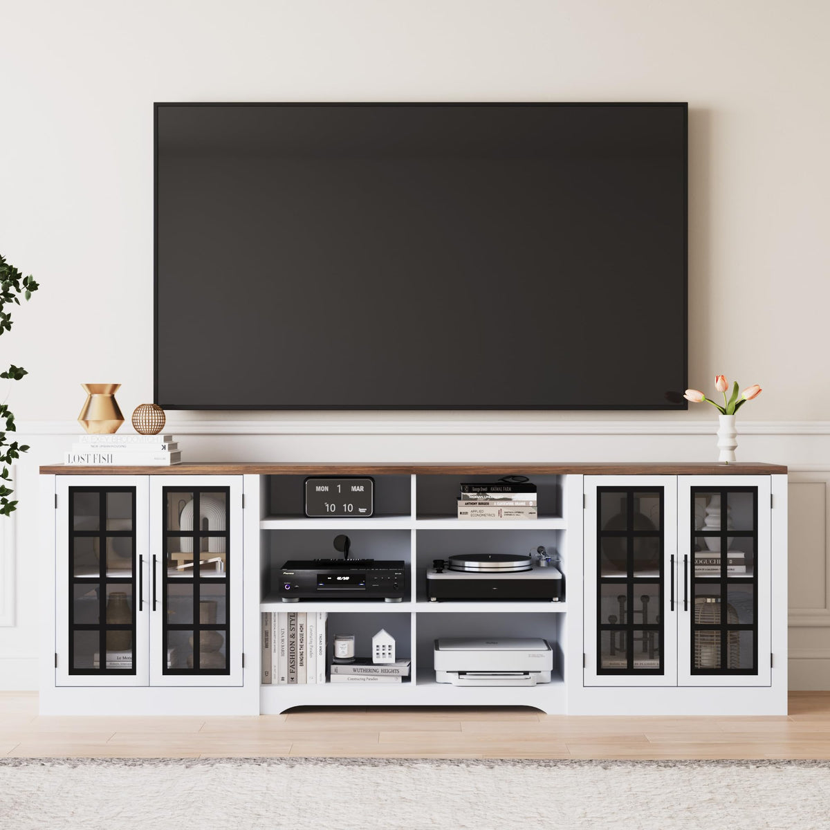 White Black TV Stand with 2 Cabinets and 3-Tier Shelves V90472