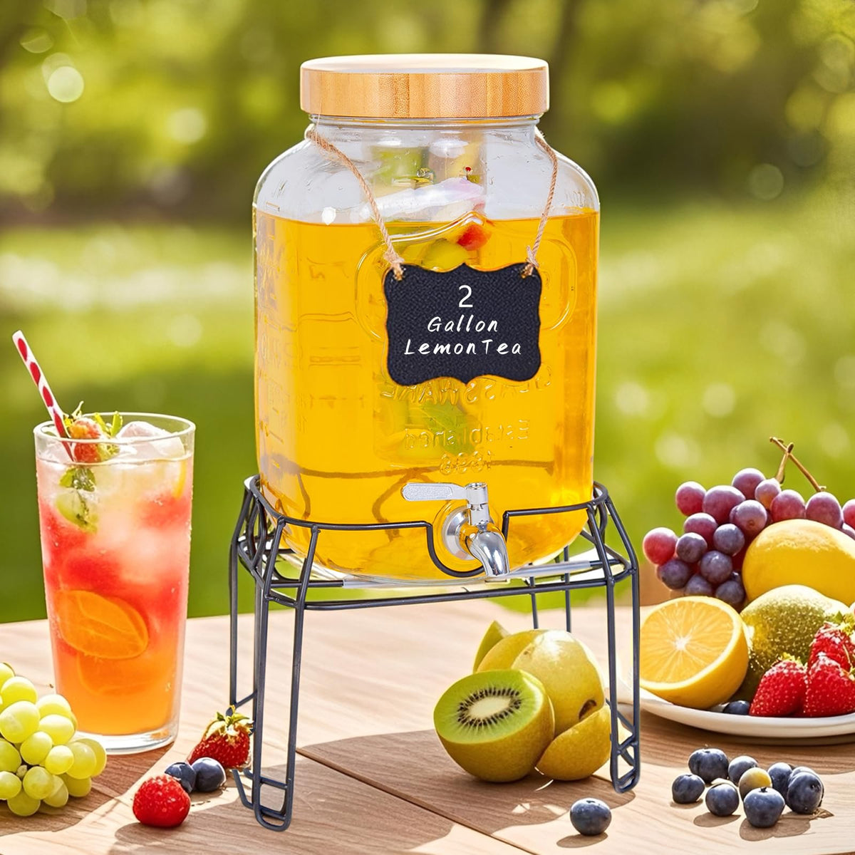 2 Gallon Glass Drink Dispenser with Stand I592