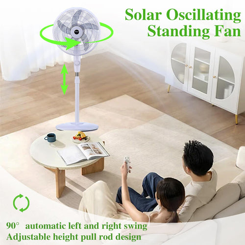 16" Oscillating Solar Floor Fan, Height Adjustable, 10000mah Battery, 3 Speeds, White Z72976