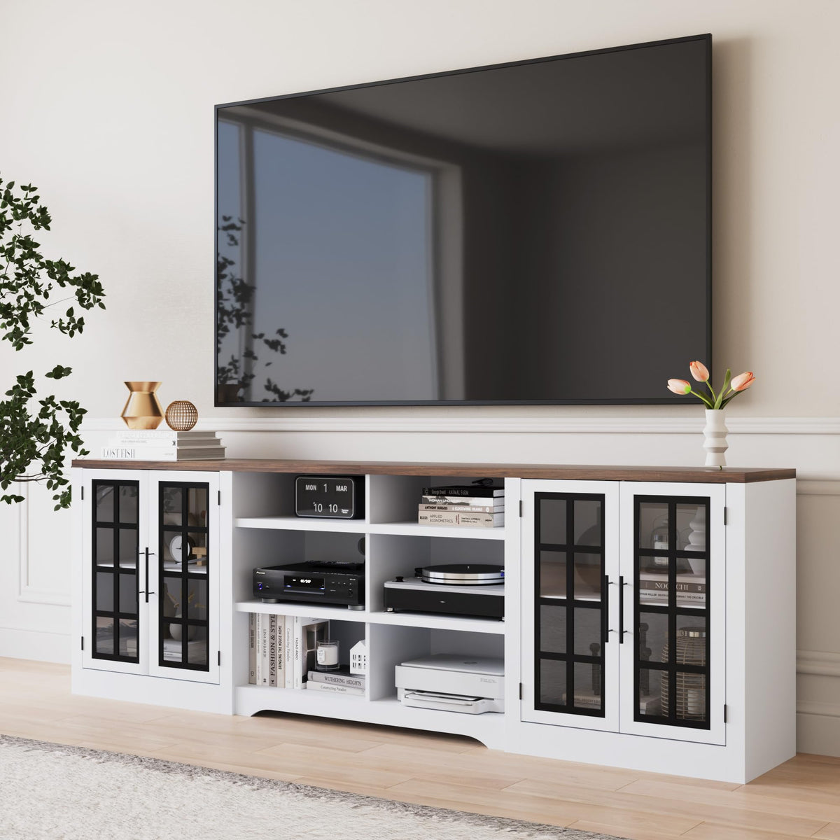 White Black TV Stand with 2 Cabinets and 3-Tier Shelves V90472