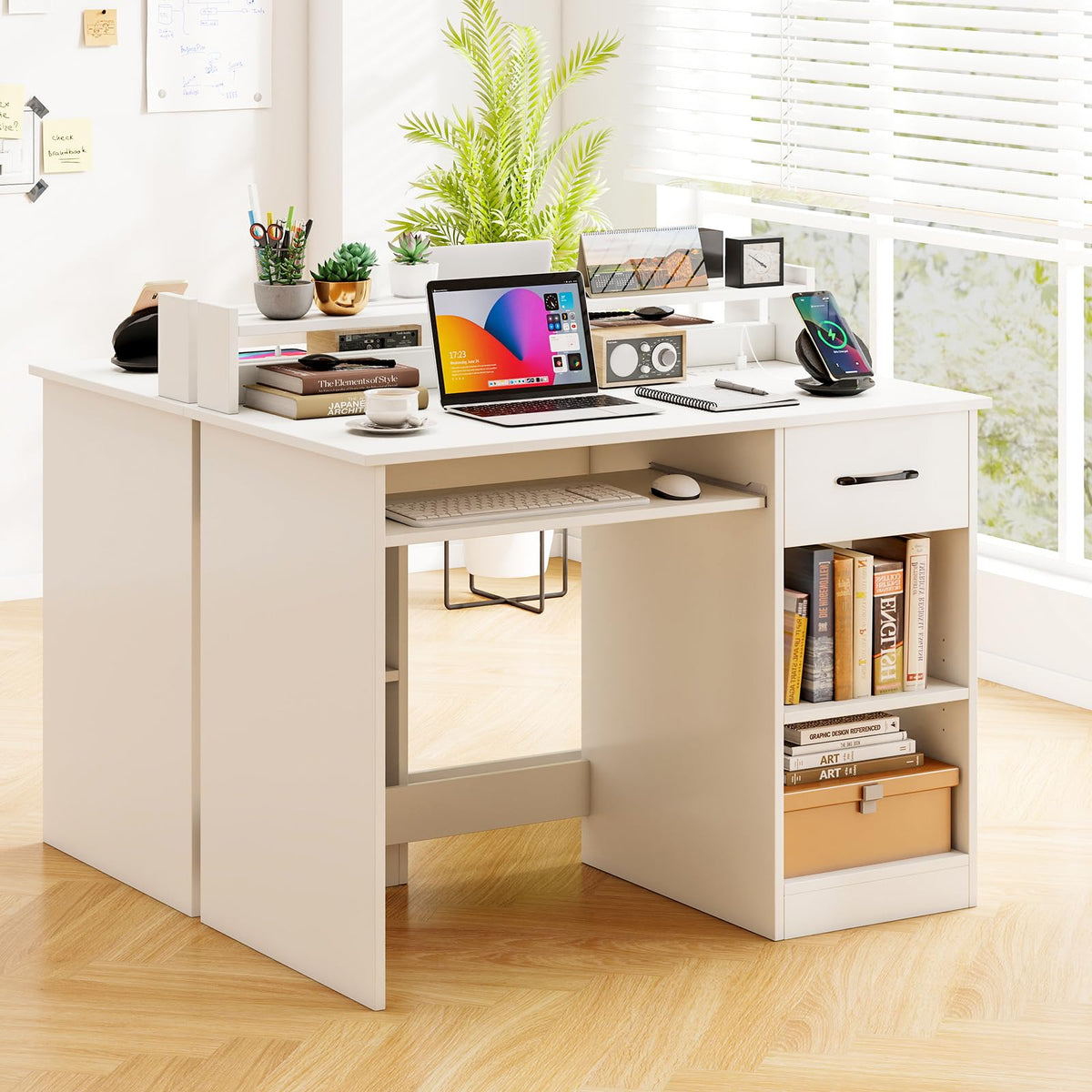 White Desk with Drawer and Keyboard Tray L9244