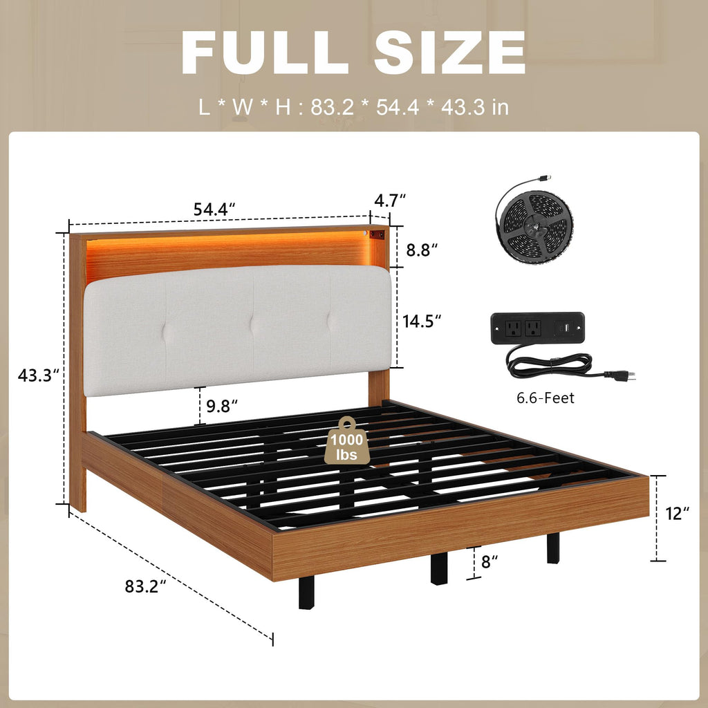 Full Size Floating Bed Frame with LED Light and Charging Station K406529