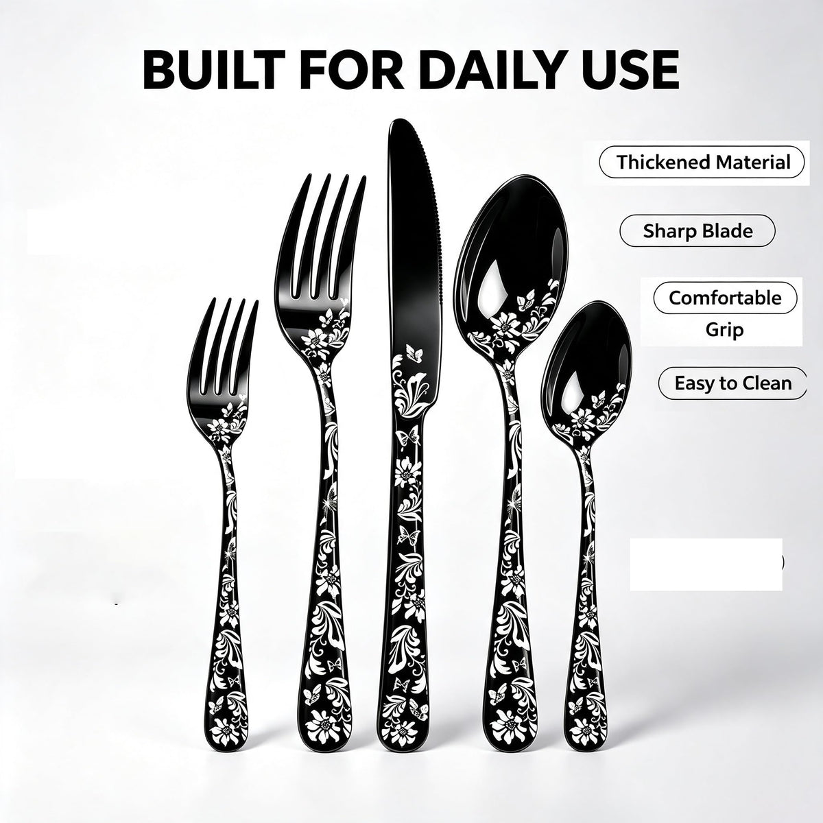 60 Piece White Floral Pattern Stainless Steel Silverware Set W535