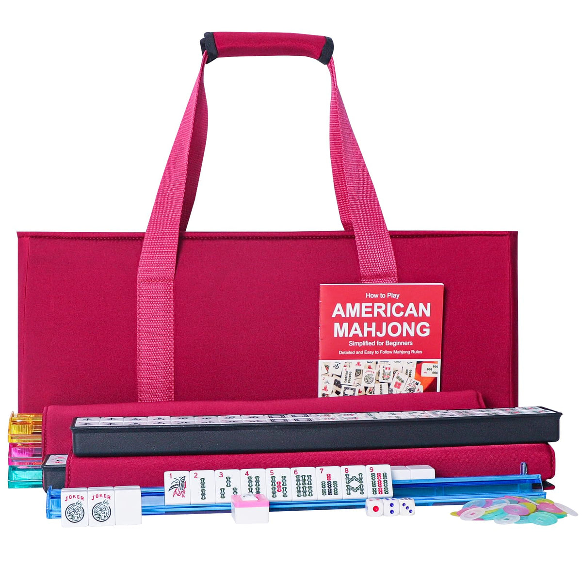 American Mahjong Set 166 White Tiles with Red Bag and Racks L635100