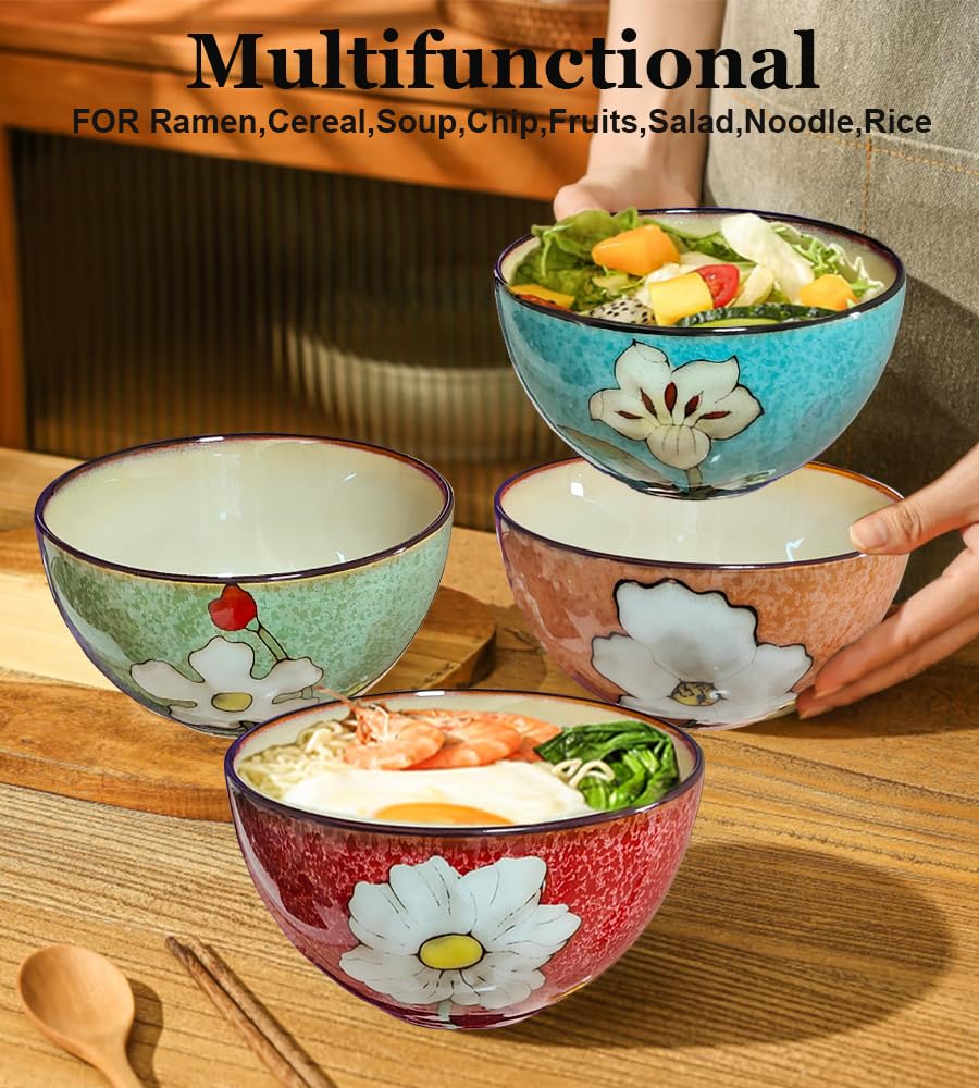Ceramic Cereal Bowl Set of 4, 28oz Floral Pattern, Microwave Safe L588
