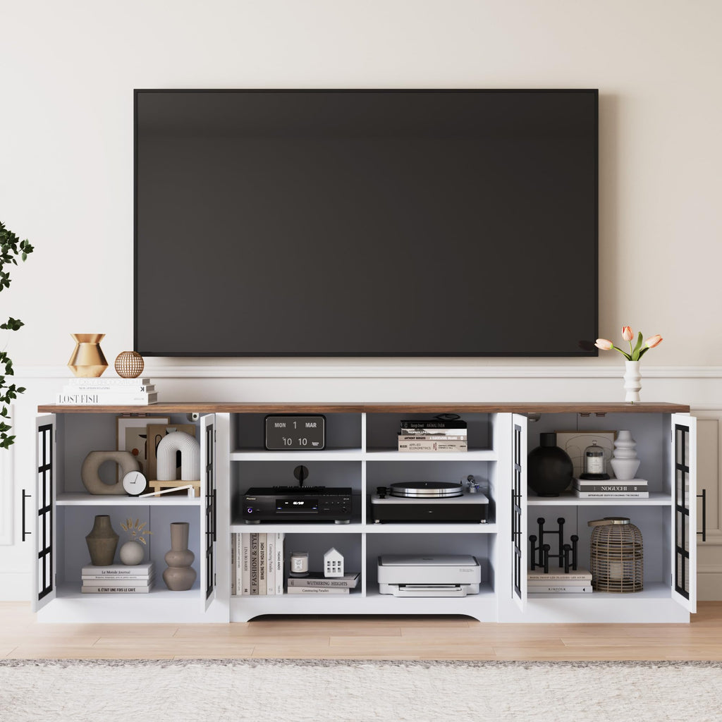 White Black TV Stand with 2 Cabinets and 3-Tier Shelves V90472