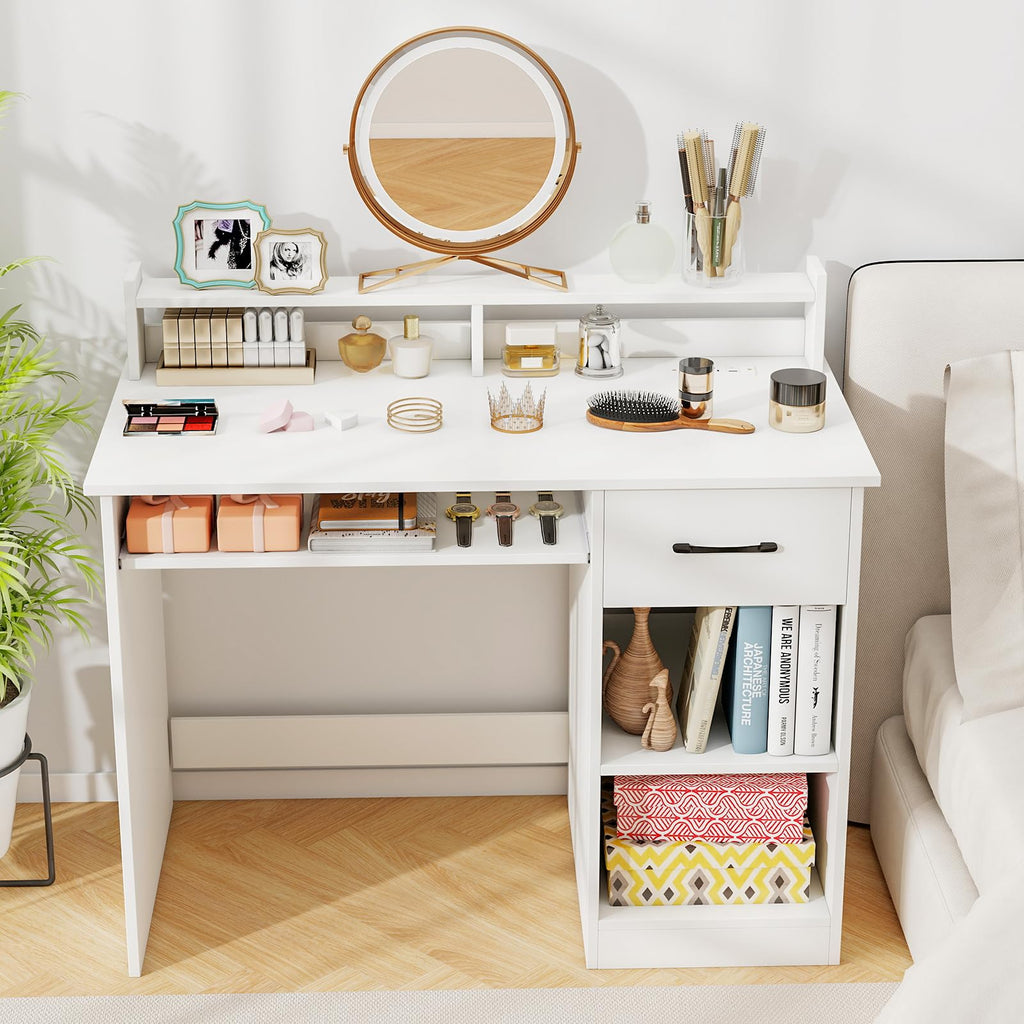 White Desk with Drawer and Keyboard Tray L9244