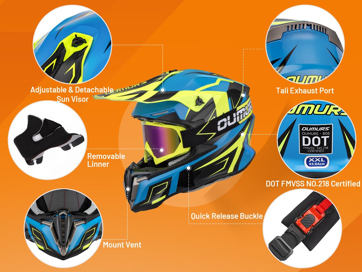 Adult ATV Dirt Bike Helmet with Goggles Gloves & Mask Adjustable Sun Visor O544266