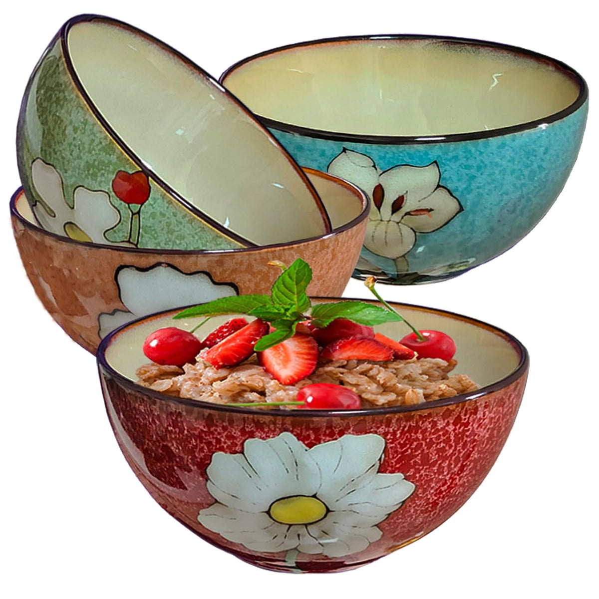 Ceramic Cereal Bowl Set of 4, 28oz Floral Pattern, Microwave Safe L588