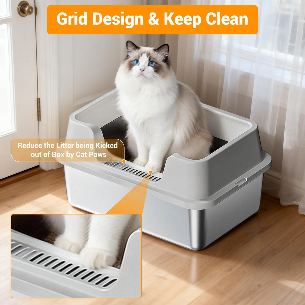 XL Stainless Steel Enclosed Cat Litter Box with Scoop E76846