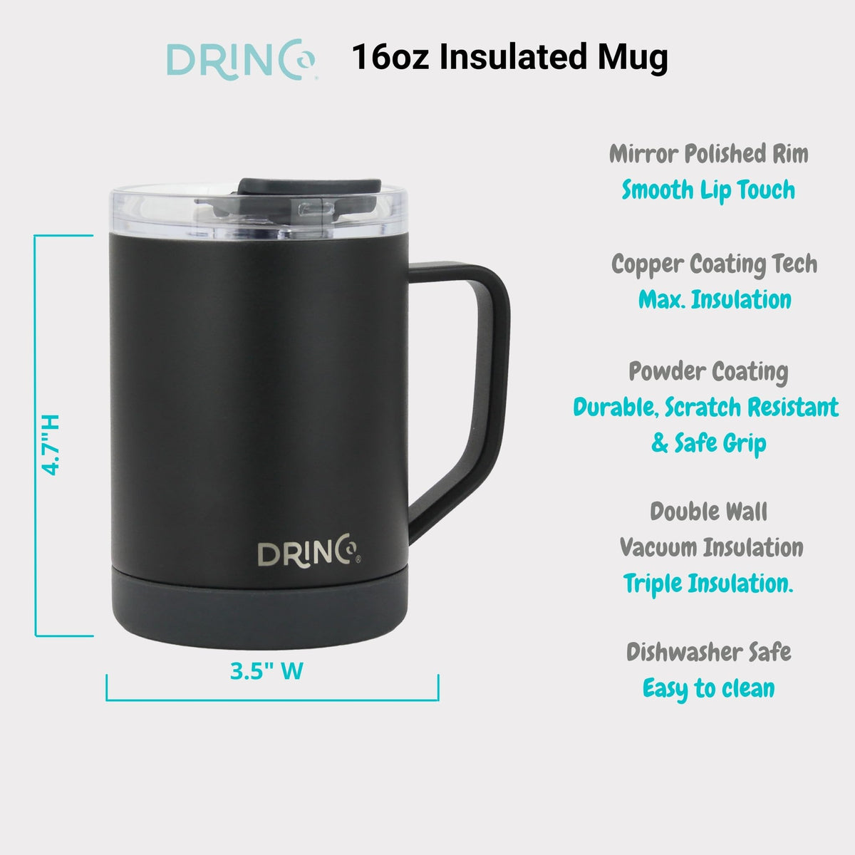 16 oz Black Vacuum Insulated Stainless Steel Travel Mug with Lid B843
