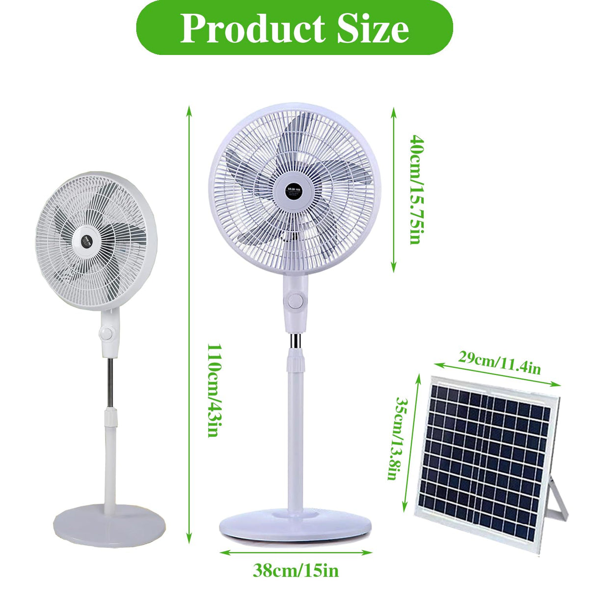 16" Oscillating Solar Floor Fan, Height Adjustable, 10000mah Battery, 3 Speeds, White Z72976