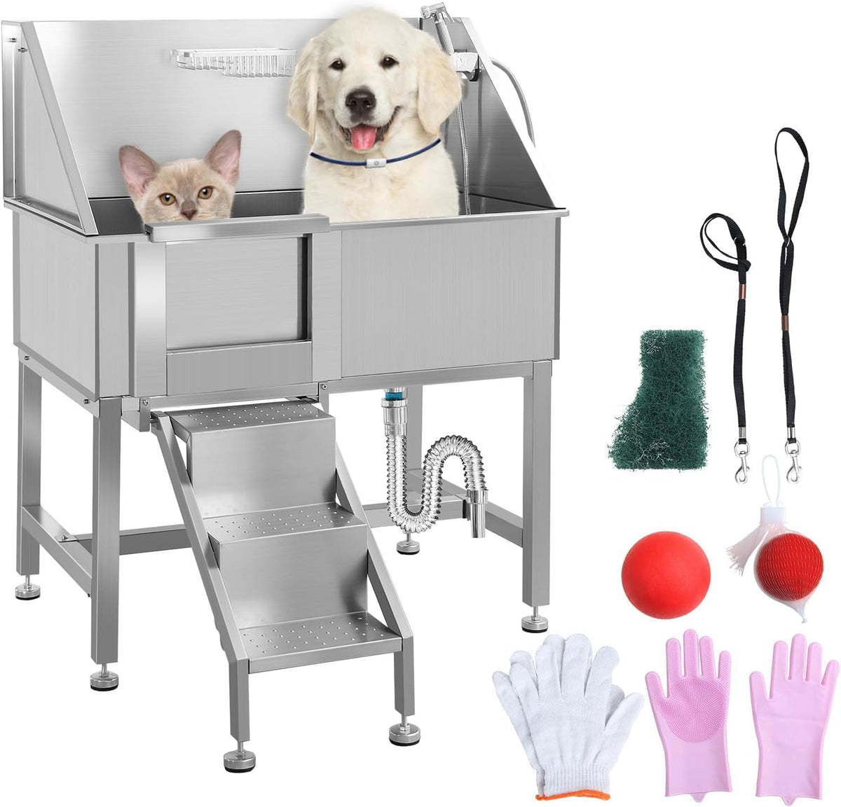 38" Stainless Steel Dog Grooming Tub with Stairs U957943