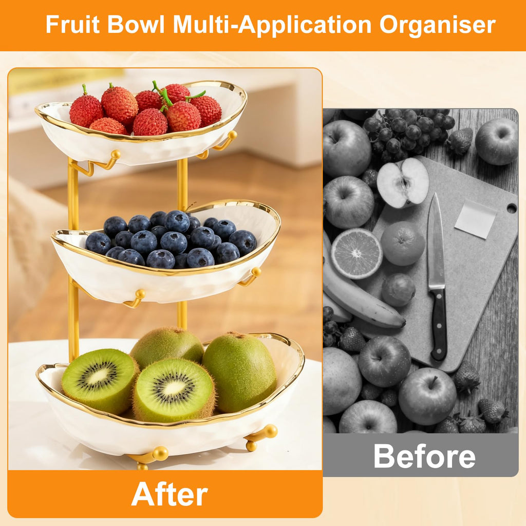 3 Tier Ceramic Fruit Bowl with Gold Metal Stand D9364