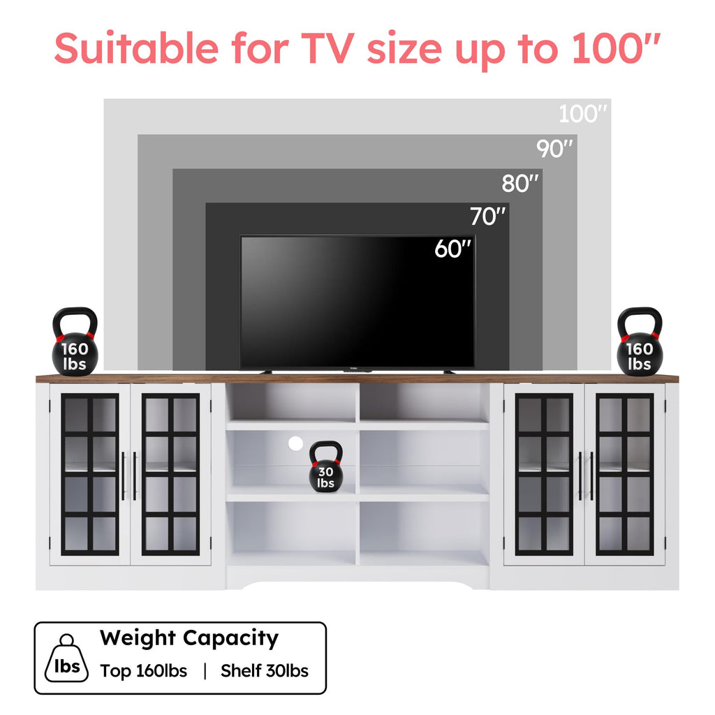 White Black TV Stand with 2 Cabinets and 3-Tier Shelves V90472