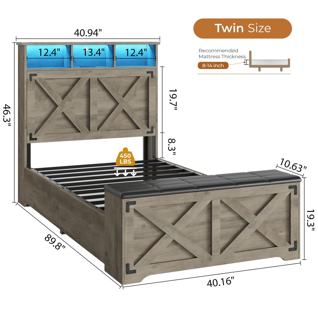 Oak Gray Wood Twin Size Bed Frame with Storage Headboard and Charging Station Q97704