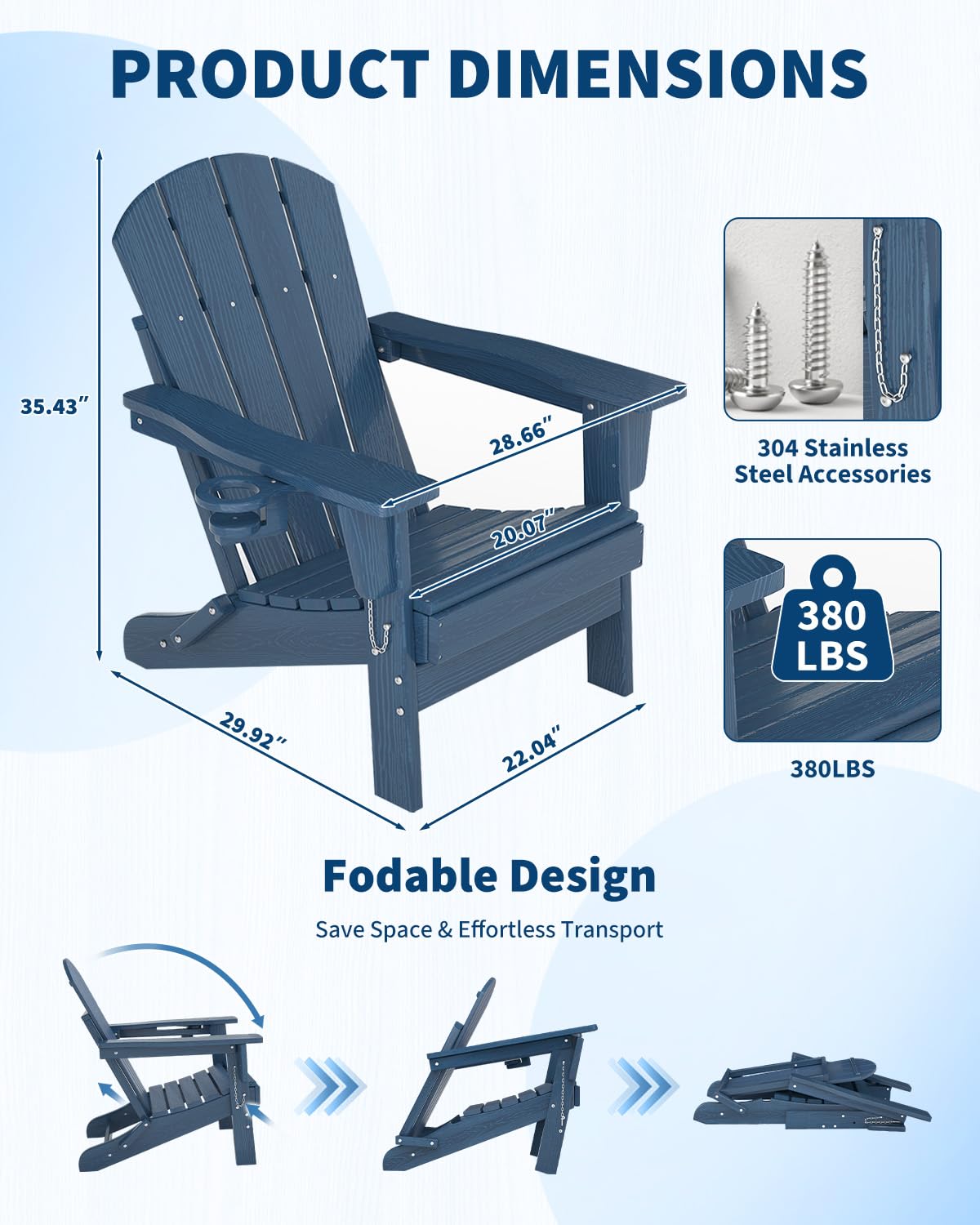 HDPE Folding Adirondack Chair Set of 2 with Side Table, Navy Blue W578500