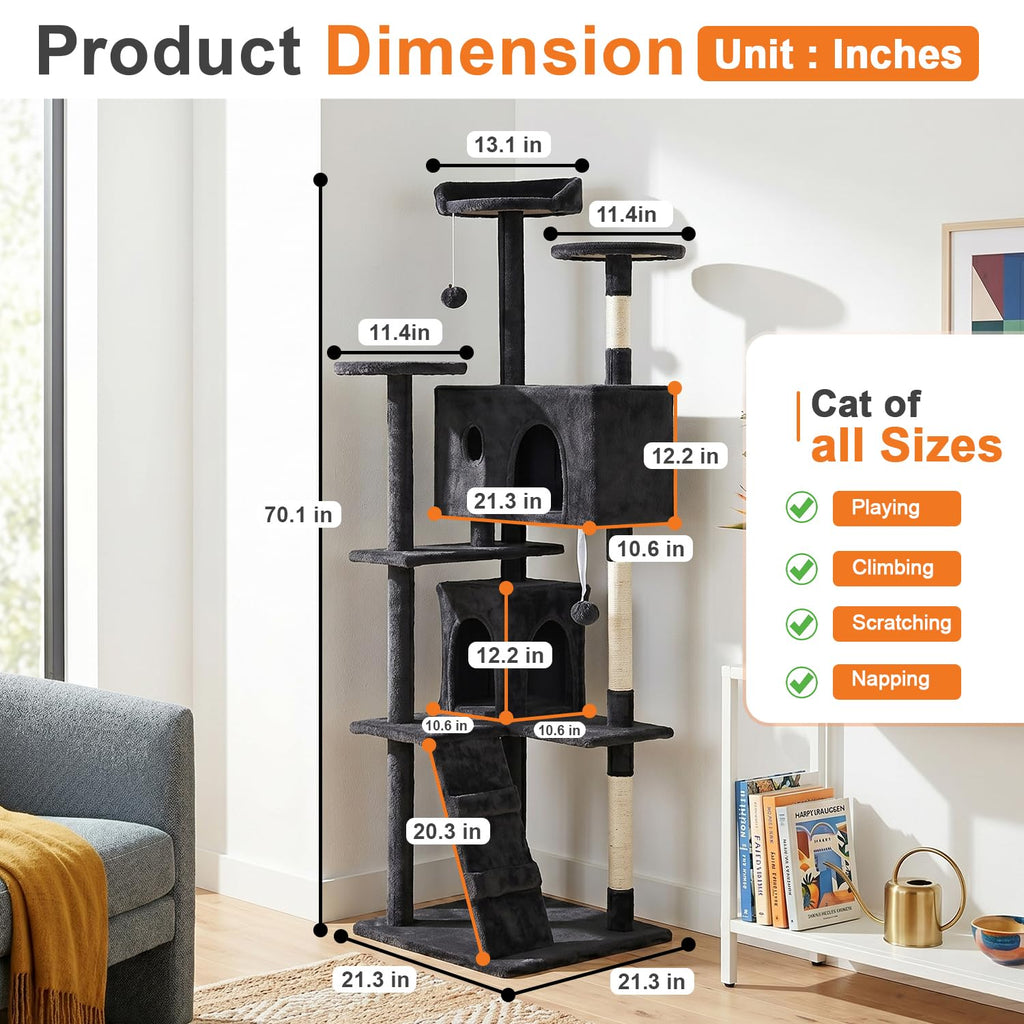 70" Dark Gray Cat Tree Tower N760
