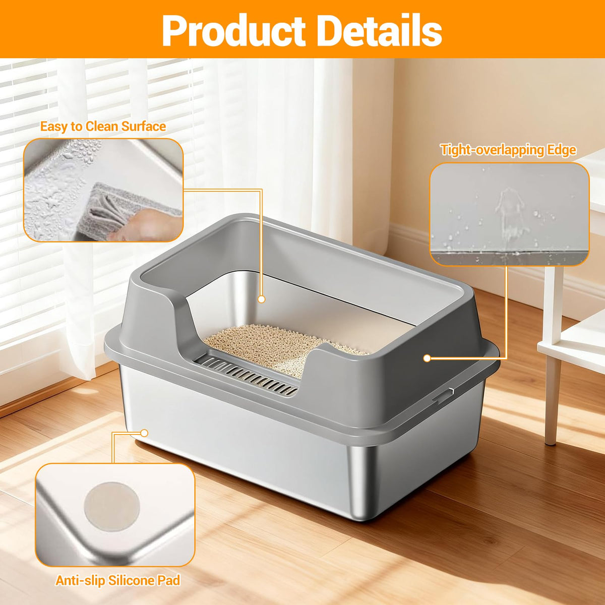 XL Stainless Steel Enclosed Cat Litter Box with Scoop E76846