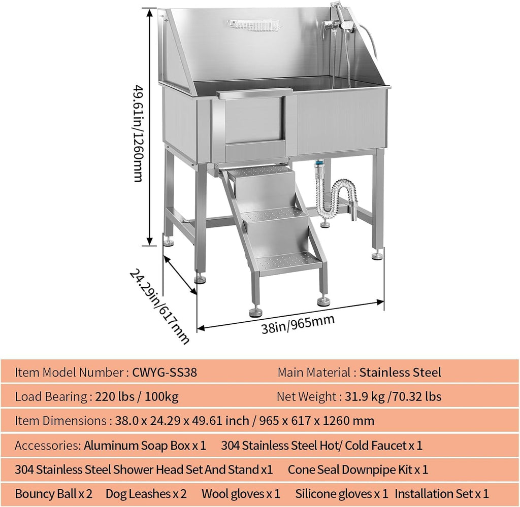 38" Stainless Steel Dog Grooming Tub with Stairs U957943