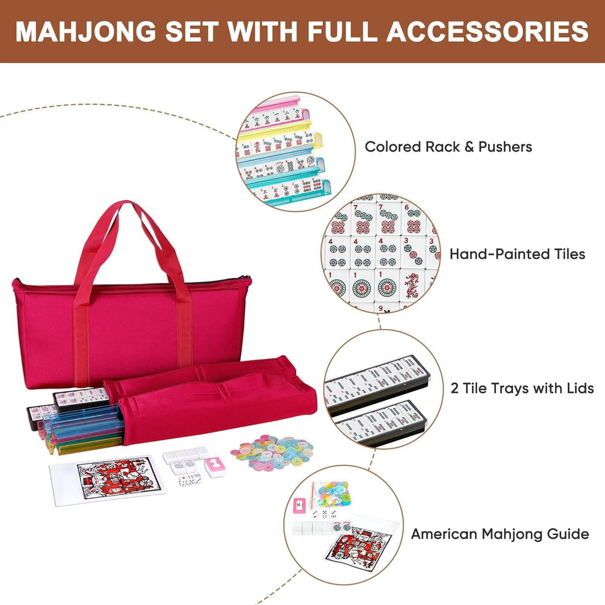 166 Tiles Mahjong Set with Racks Pushers Bag X864