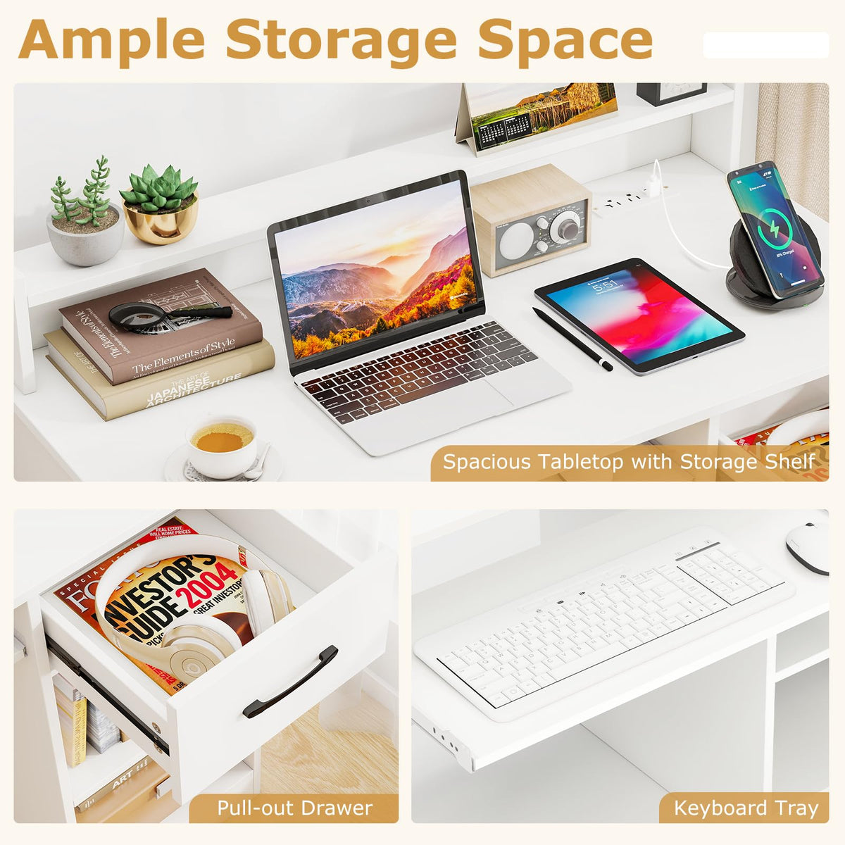 White Desk with Drawer and Keyboard Tray L9244