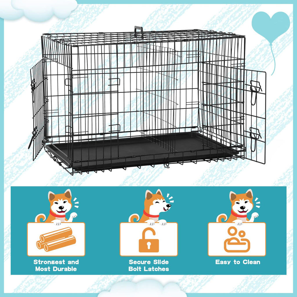 36 Inch Double-Door Metal Dog Crate with Tray and Divider B685304