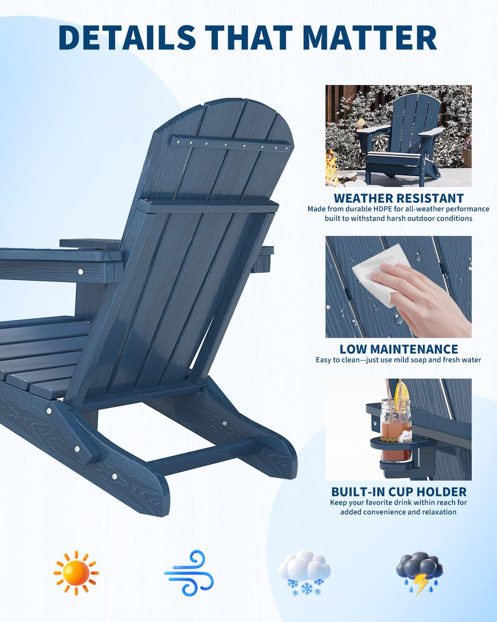 HDPE Folding Adirondack Chair Set of 2 with Side Table, Navy Blue W578500